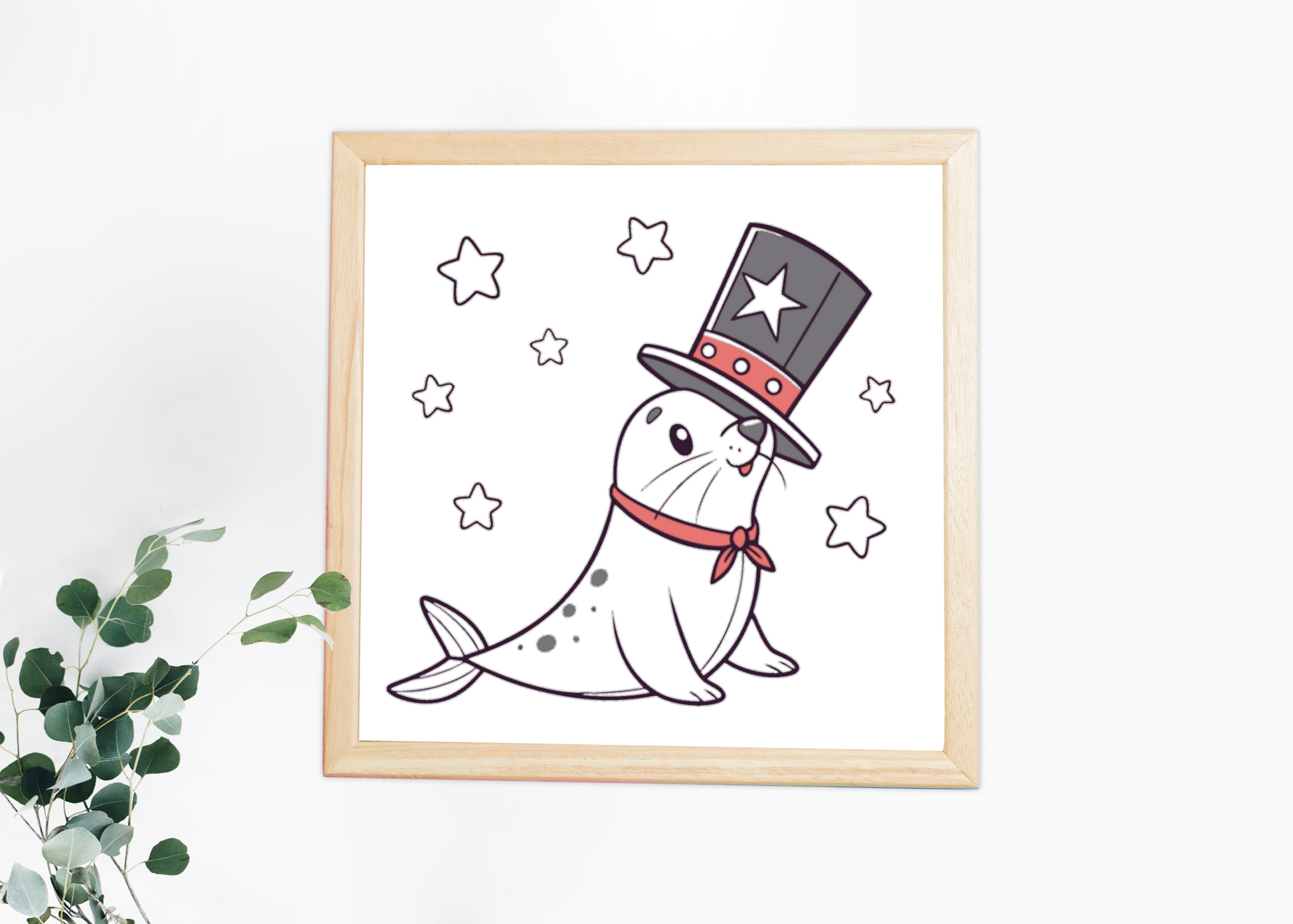 Cadre avec un phoque magicien étoilé, style cartoon céleste sur fond bleu