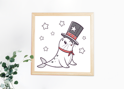 Cadre avec un phoque magicien étoilé, style cartoon céleste sur fond bleu