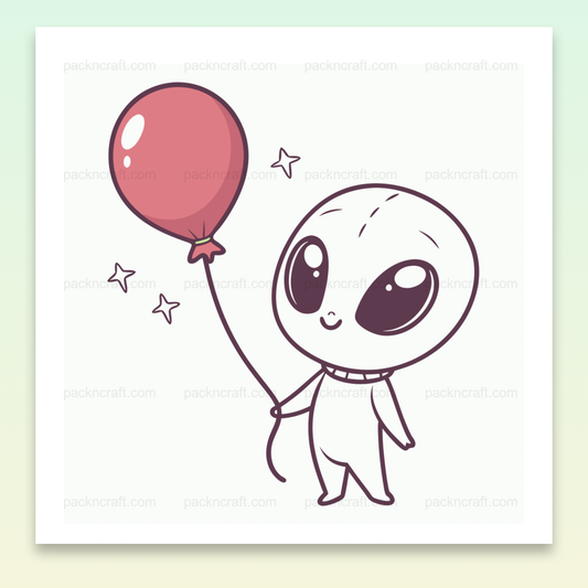 Illustration alien kawaii avec ballon, idéal pour projets créatifs et déco.