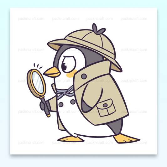 Illustration d'un pingouin détective en style doodle, parfait pour décorations et projets DIY.