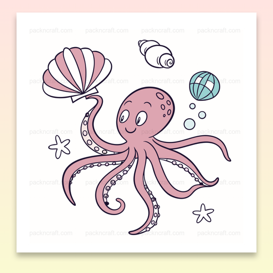 Illustration d'un poulpe joyeux avec des coquillages, fichier numérique pour projets déco et éducatifs.