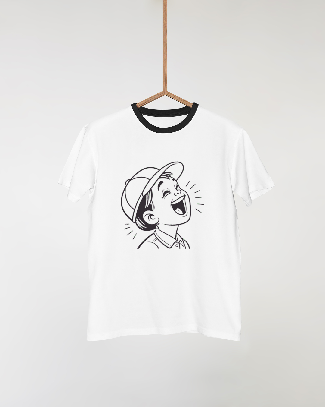 T-shirt avec icône de garçon rieur, style illustratif, apportant joie et gaieté