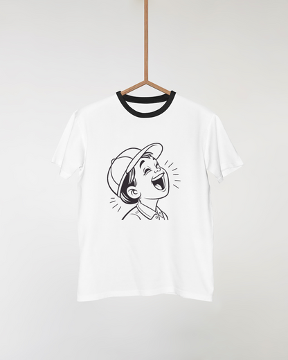 T-shirt avec icône de garçon rieur, style illustratif, apportant joie et gaieté