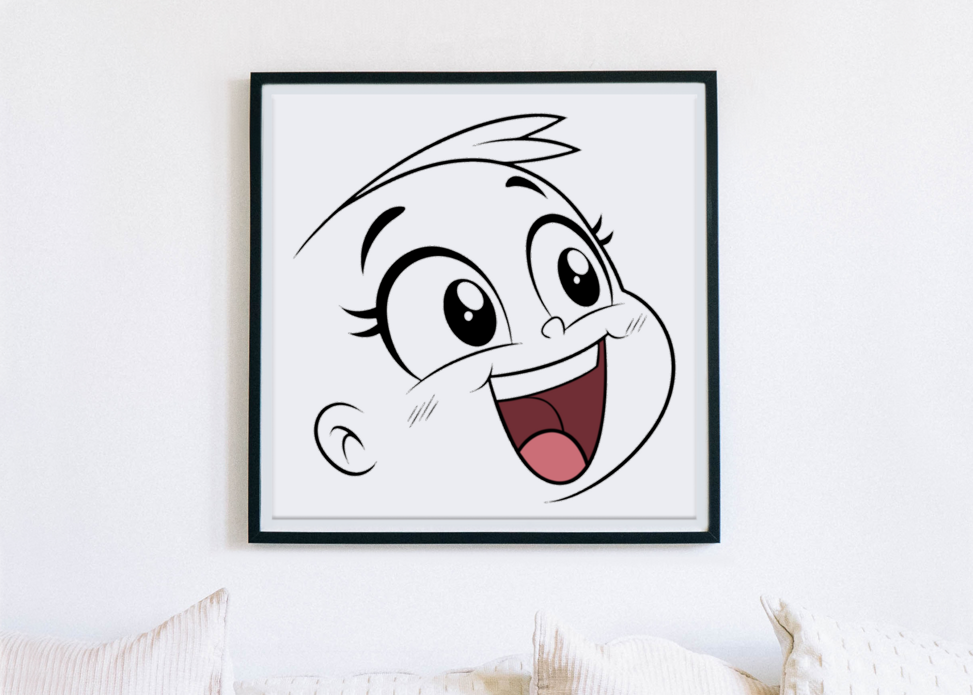 Cadre décoratif avec un visage radieux en style cartoon apportant une touche joyeuse