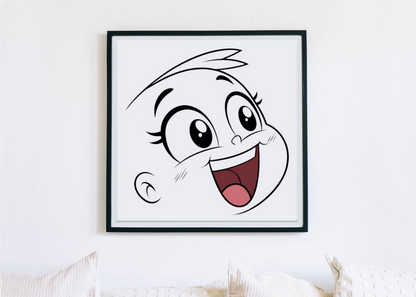 Cadre décoratif avec un visage radieux en style cartoon apportant une touche joyeuse