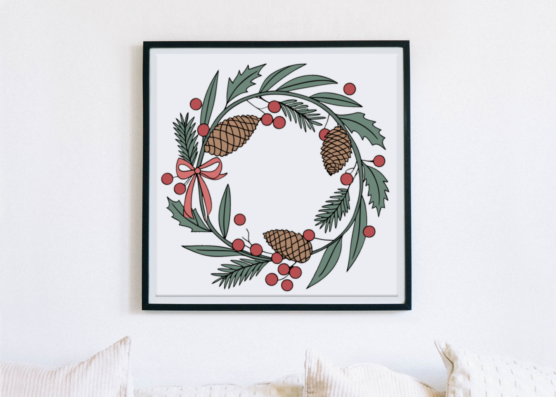 Cadre orné d'une couronne festive pastel avec pommes de pin, ambiance Noël