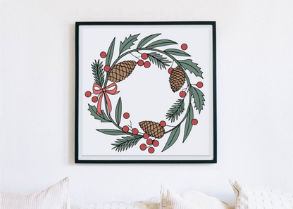 Cadre orné d'une couronne festive pastel avec pommes de pin, ambiance Noël