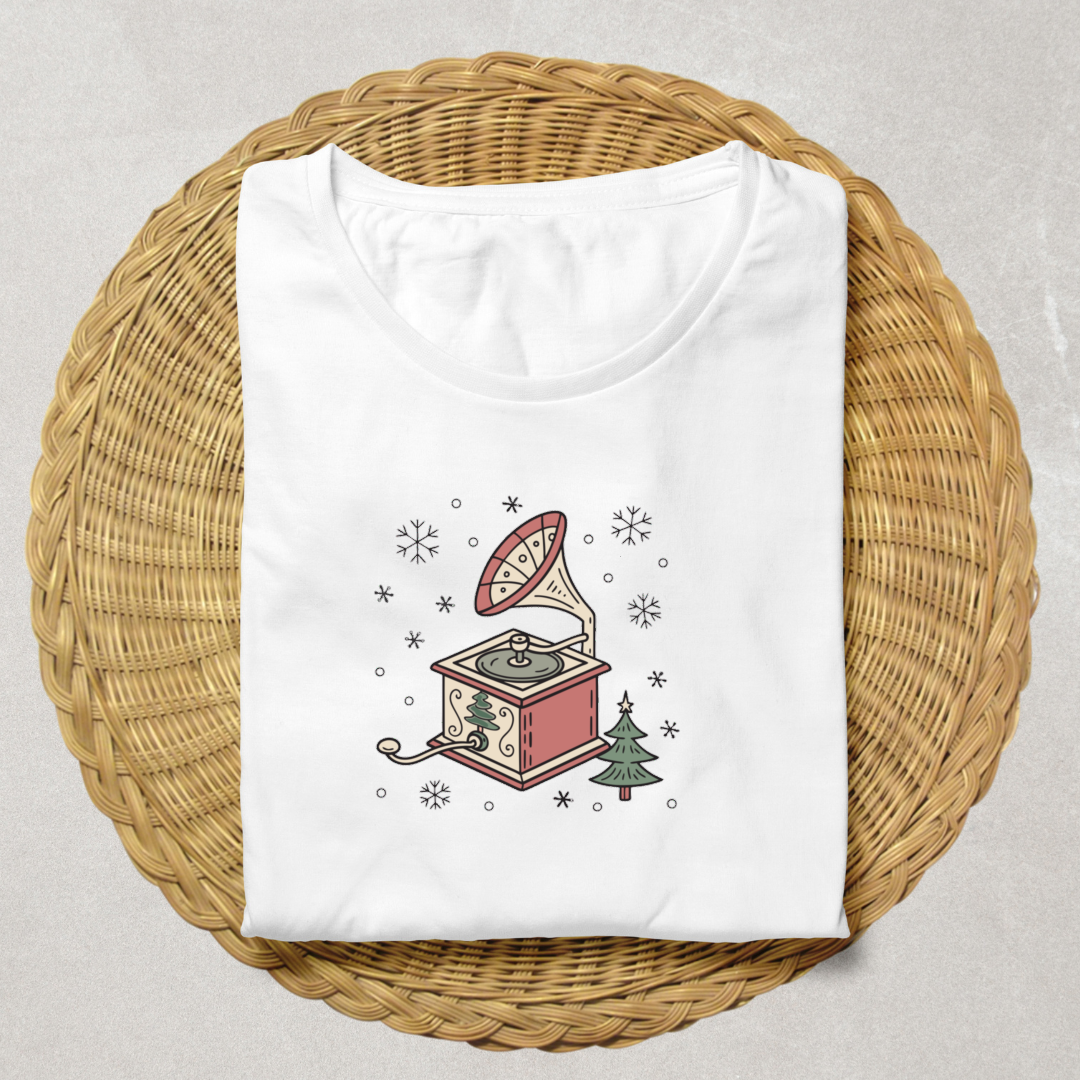 T-shirt avec phonographe festif style kawaii élégant thème hiver original
