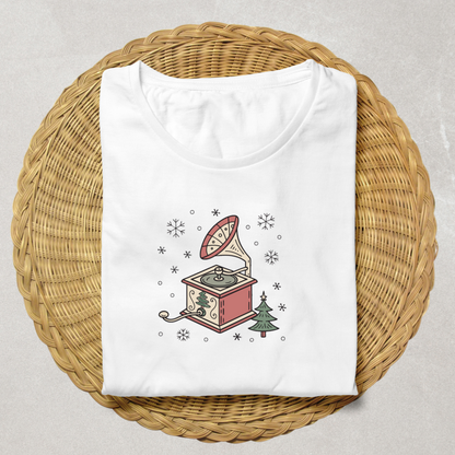 T-shirt avec phonographe festif style kawaii élégant thème hiver original