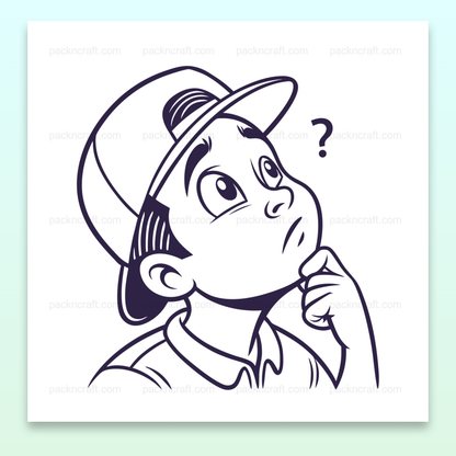 Illustration d'un garçon réfléchissant, style monochrome, utilisable pour papeterie et déco.