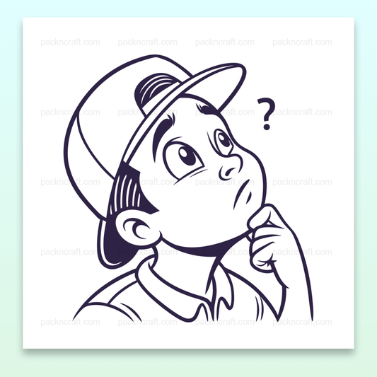 Illustration d'un garçon réfléchissant, style monochrome, utilisable pour papeterie et déco.
