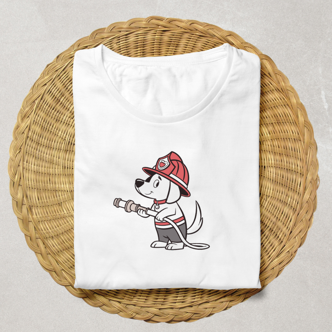 T-shirt avec un motif mignon de chien pompier au style aventure courageuse