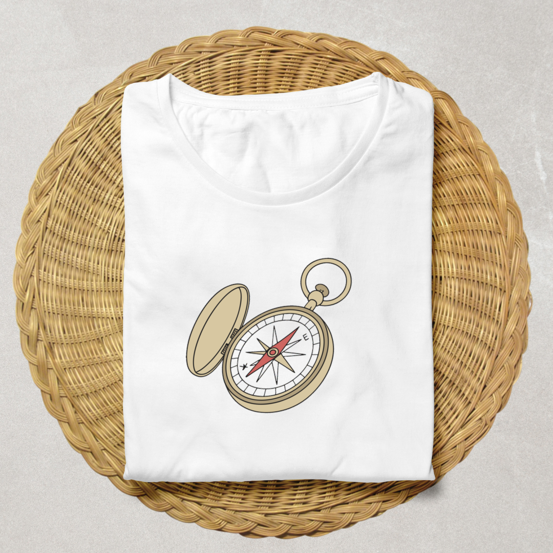 T-shirt mode avec boussole vintage style vectoriel, parfait pour les aventuriers