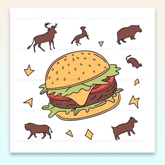 Illustration de burger entouré d'animaux pour projets créatifs et papeterie.