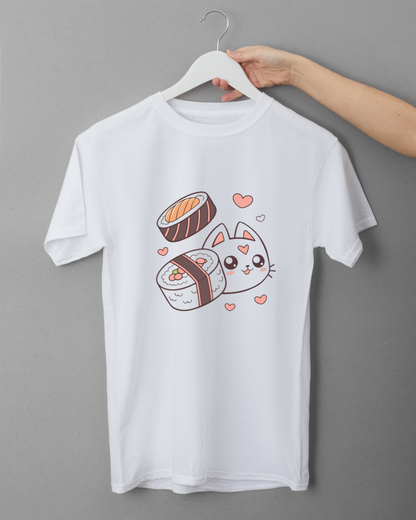 T-shirt avec graphique chat sushi mignon style kawaii et thème gourmand
