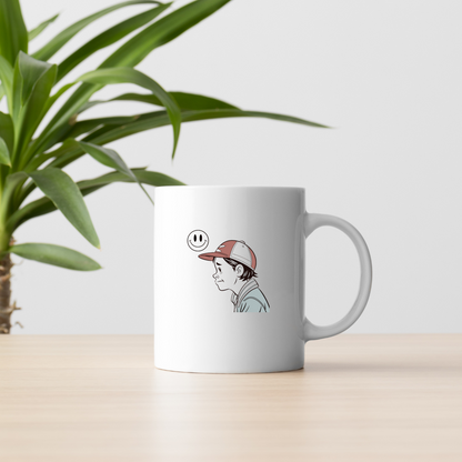 Mug décoré d'un garçon pensif style cartoon rétro avec casquette sur fond épuré