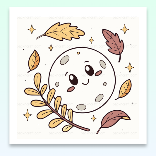 Illustration de lune souriante entourée de feuilles d'automne, fichier SVG pour créations DIY et déco.