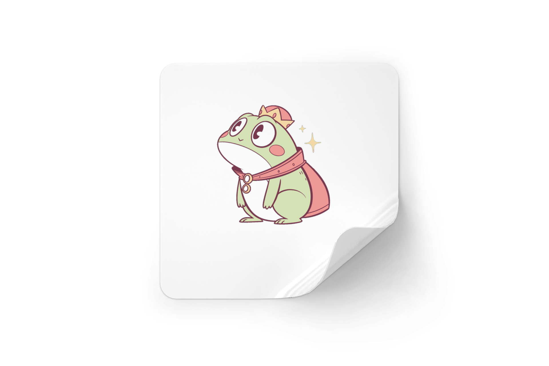 Sticker amusant en style kawaii illustrant une grenouille royale avec expression surprise