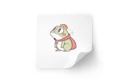 Sticker amusant en style kawaii illustrant une grenouille royale avec expression surprise