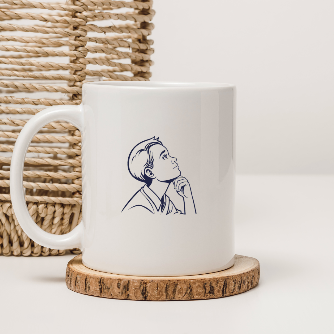 Mug éducatif avec garçon stylisé au regard rêveur