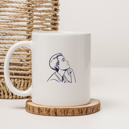 Mug éducatif avec garçon stylisé au regard rêveur