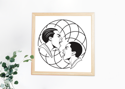Cadre avec icône graphique expressive, duel humain en style vectoriel captivant