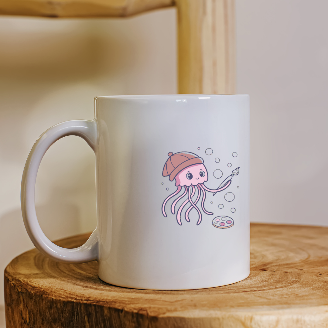 Mug avec méduse peignante, style kawaii, ambiance marine joyeuse