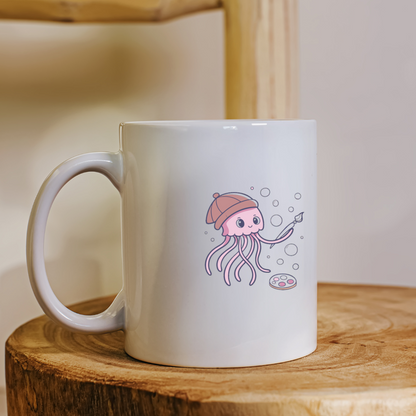 Mug avec méduse peignante, style kawaii, ambiance marine joyeuse