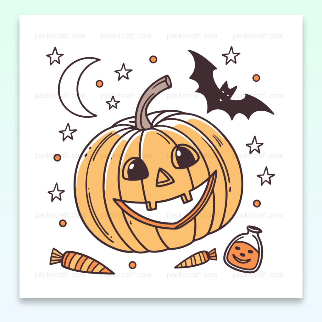 Illustration de citrouille joyeuse et chauve-souris pour Halloween, idéale pour déco et papeterie.