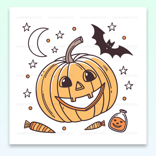 Illustration de citrouille joyeuse et chauve-souris pour Halloween, idéale pour déco et papeterie.