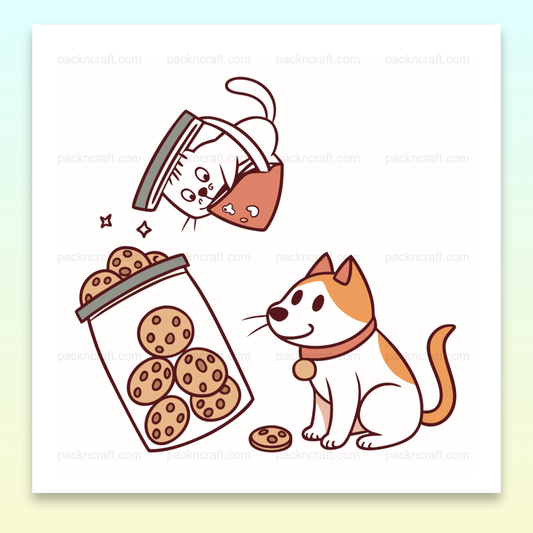 Illustration amusante de chats et chiens gourmands autour de cookies, idéale pour DIY et déco.