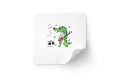 Sticker coloré avec crocodile rockeur au style pastel dynamique et musical