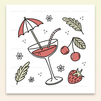 Illustration numérique de cocktail joyeux avec fruits, style pastel, pour projets estivaux.