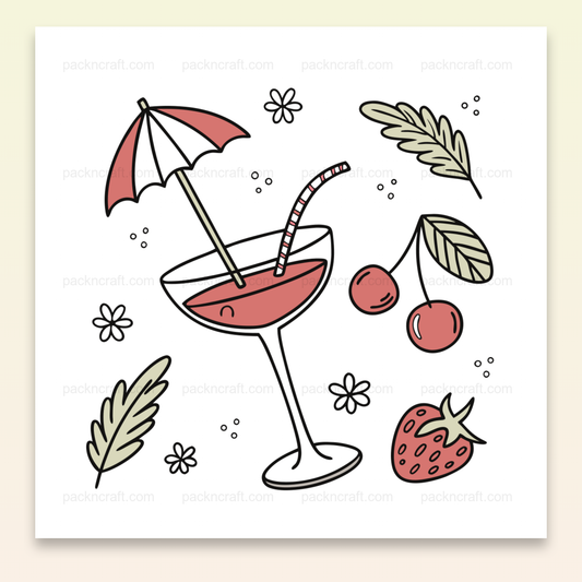 Illustration numérique de cocktail joyeux avec fruits, style pastel, pour projets estivaux.
