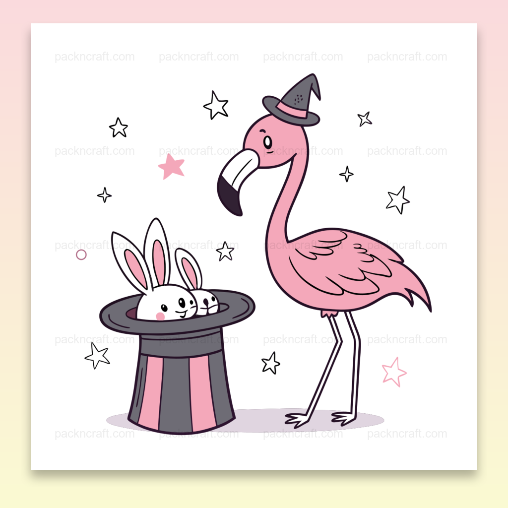 Illustration SVG de flamant rose magicien et lapins pour DIY et déco.