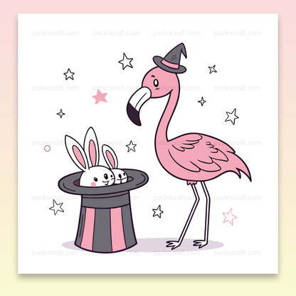 Illustration SVG de flamant rose magicien et lapins pour DIY et déco.