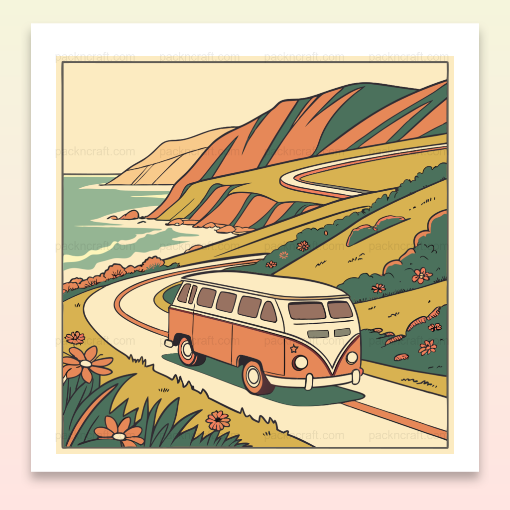 Illustration vintage d'un Combi Volkswagen sur route côtière ensoleillée.