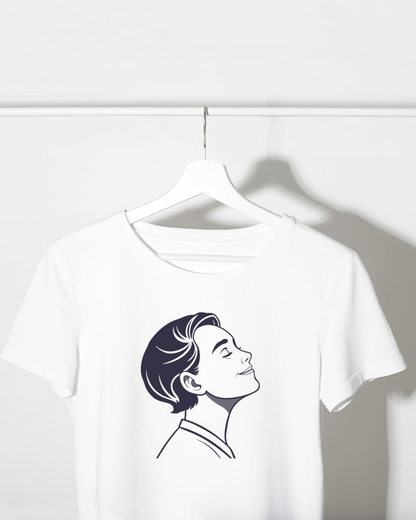 T-shirt moderne avec icône minimaliste évoquant une ambiance sereine et positive