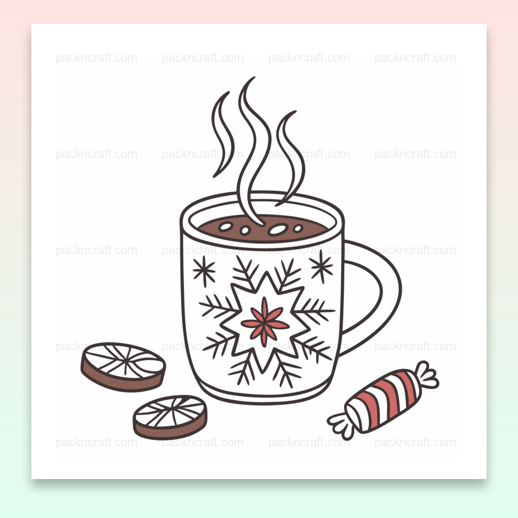 Illustration SVG de chocolat chaud hivernal avec motif flocon, parfaite pour déco cosy.