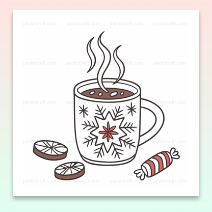 Illustration SVG de chocolat chaud hivernal avec motif flocon, parfaite pour déco cosy.