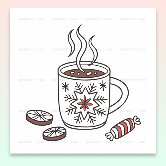 Illustration SVG de chocolat chaud hivernal avec motif flocon, parfaite pour déco cosy.