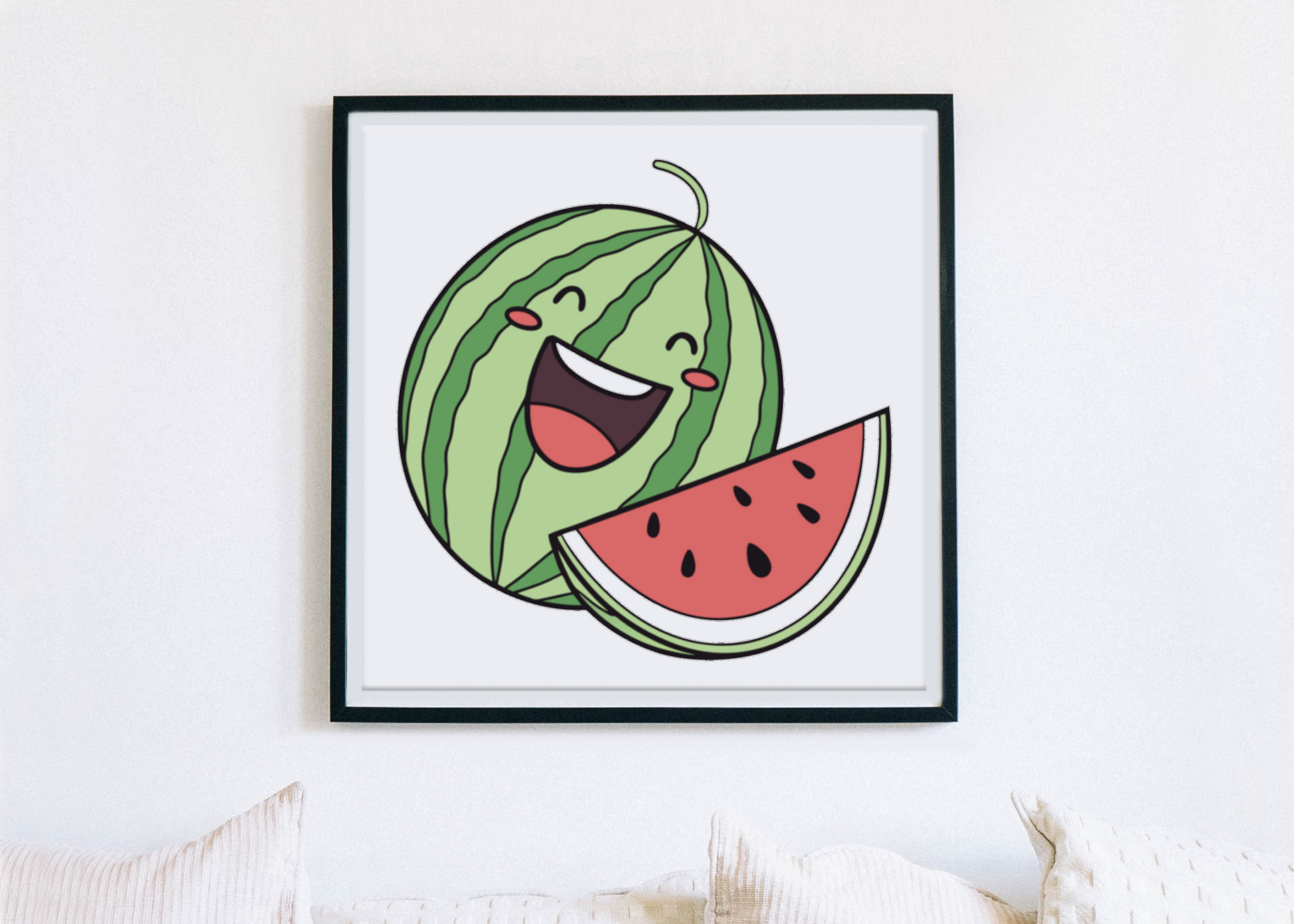 Cadre festif en été avec une pastèque kawaii dans un style coloré et joyeux