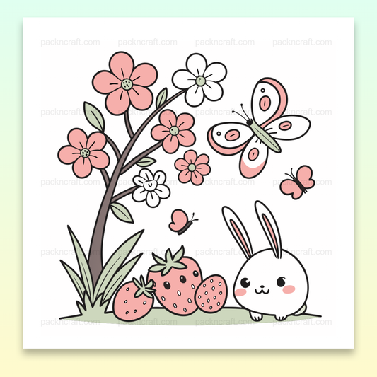 Illustration d'un lapin joyeux avec des papillons et des fleurs, parfait pour DIY.
