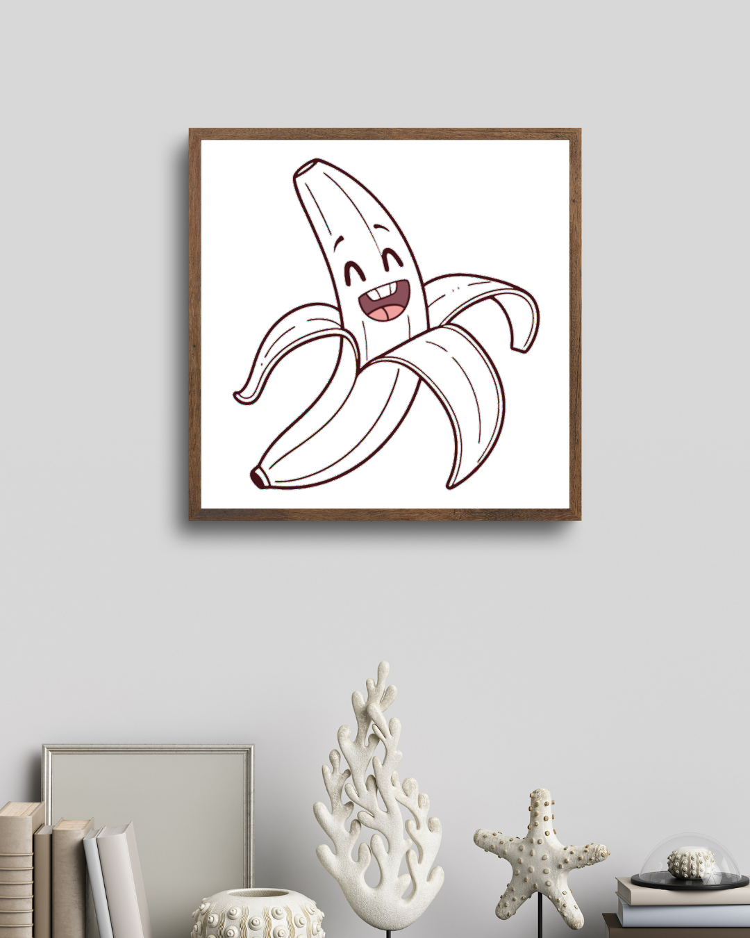 Cadre amusant avec banane épluchée en style cartoon coloré