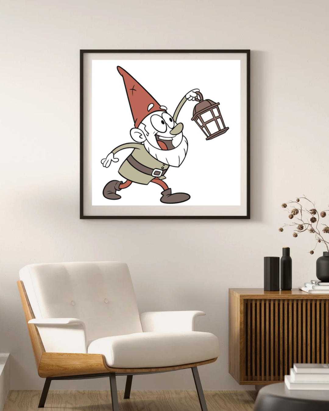 Cadre minimaliste avec un gnome éclaireur à la lanterne pour thème jardin