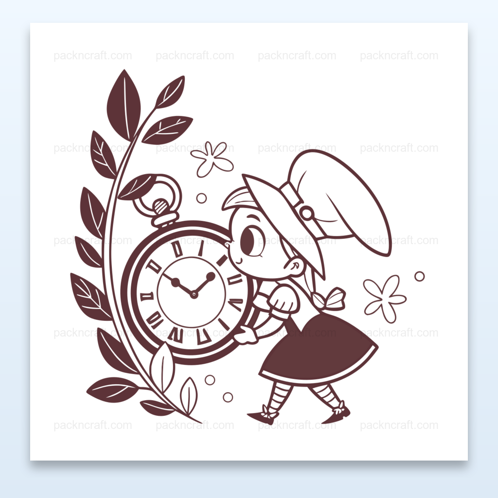 Illustration minimaliste de petite sorcière découvrant une horloge, utilisable pour décoration et projets éducatifs.