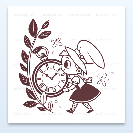 Illustration minimaliste de petite sorcière découvrant une horloge, utilisable pour décoration et projets éducatifs.