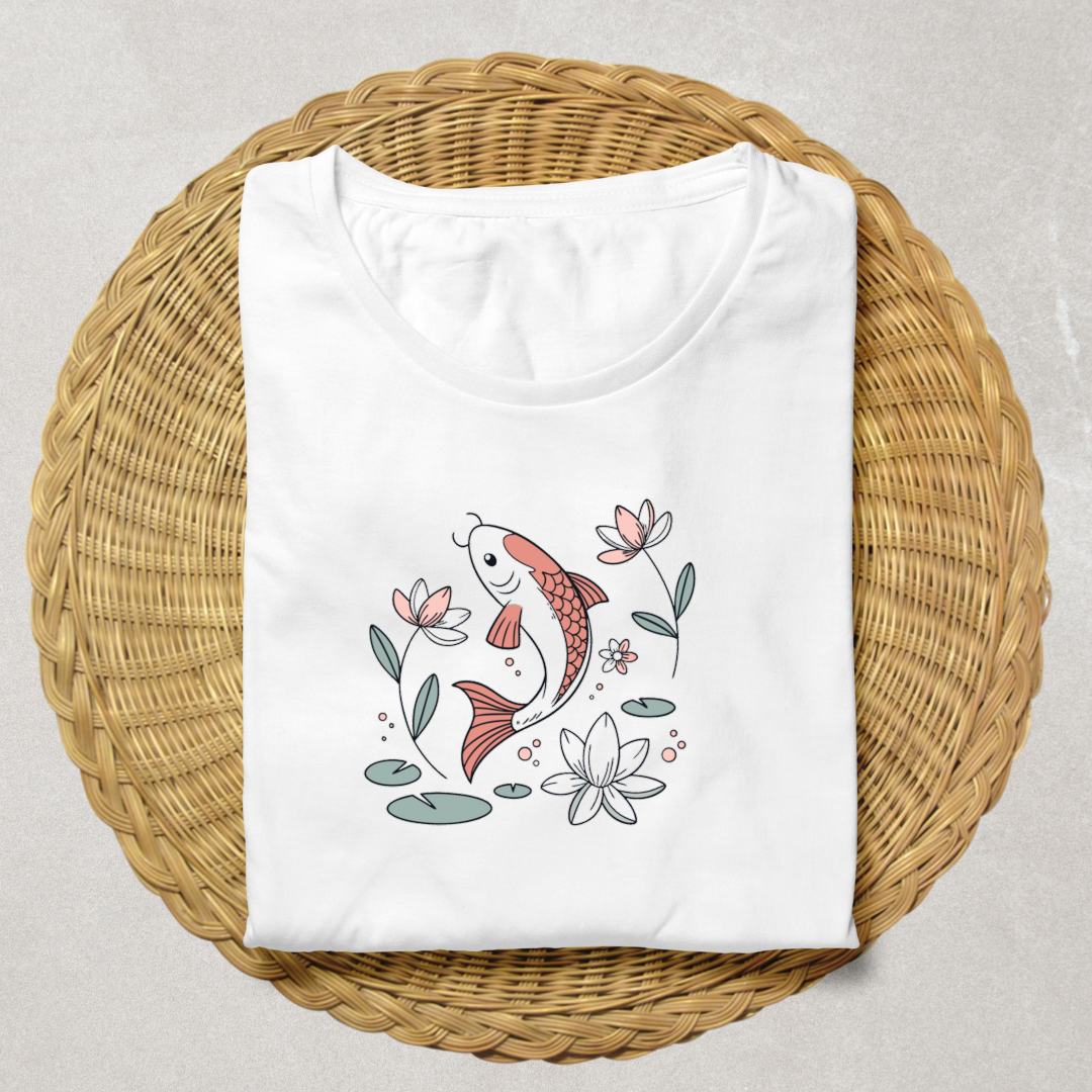 T-shirt zen avec poisson Koi style vectoriel pastel dans une scène harmonieuse