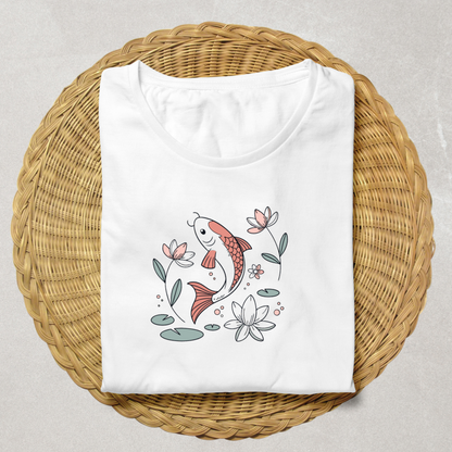 T-shirt zen avec poisson Koi style vectoriel pastel dans une scène harmonieuse