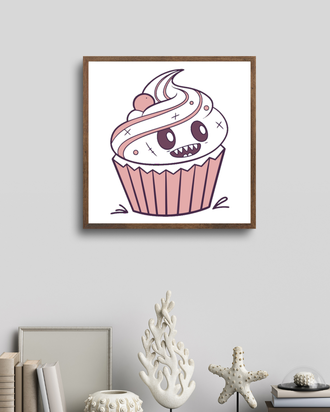 Cadre avec monstre cupcake souriant en déco numérique style festif et gourmand